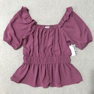 Nine West Babydoll Peplum Top Puff Sleeve Mauve Purple Size S